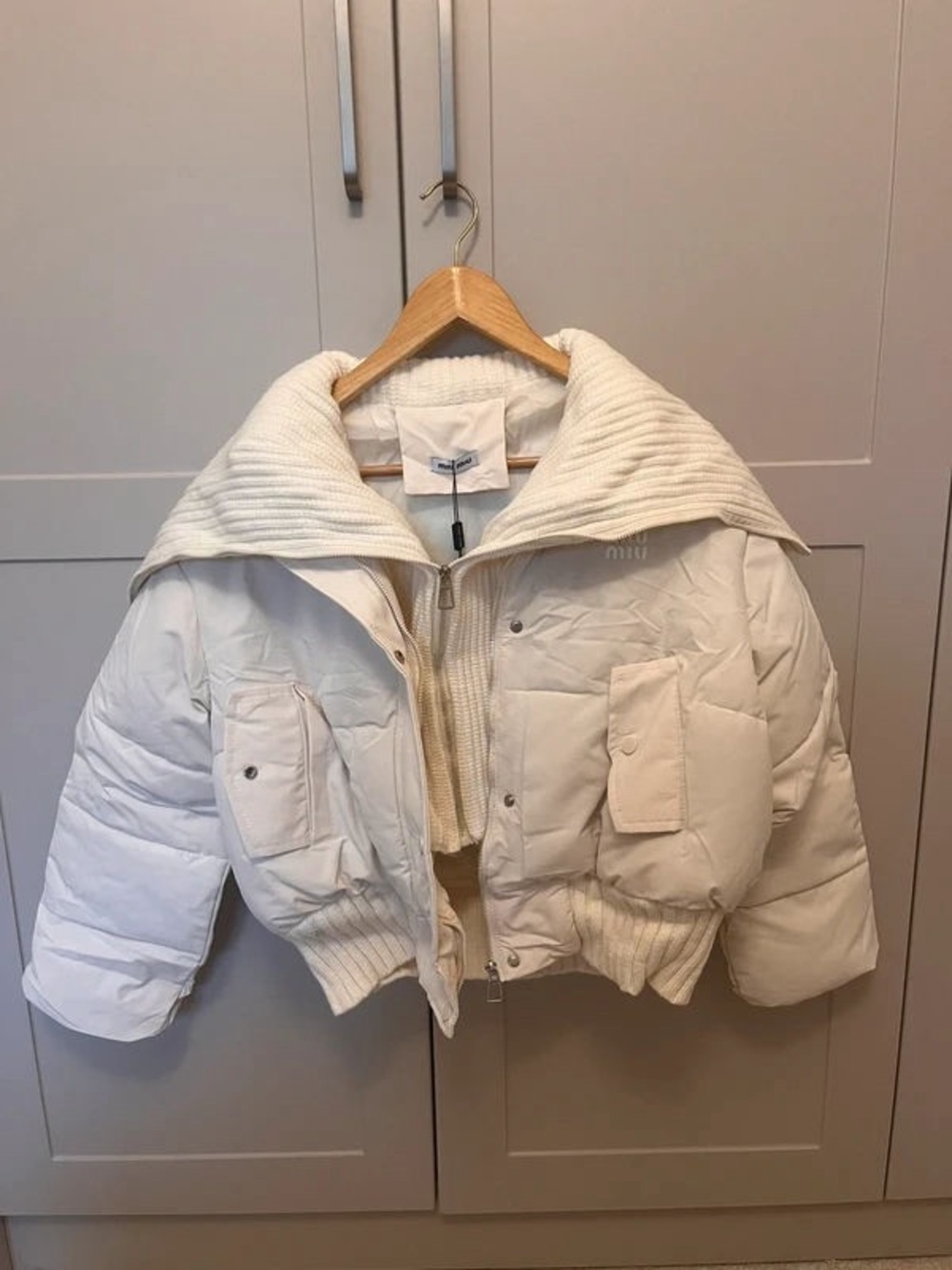 Miu Miu Cream Cropped Puffer with Ribbed Shawl Collar - Picture 2 of 6